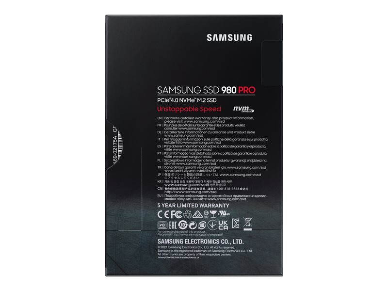 Samsung 980 PRO MZ-V8P1T0BW - SSD - chiffré - 1 To - interne - M.2 2280 - PCIe 4.0 x4 (NVMe) - mémoire tampon : 1 Go - AES 256 bits - TCG Opal Encryption